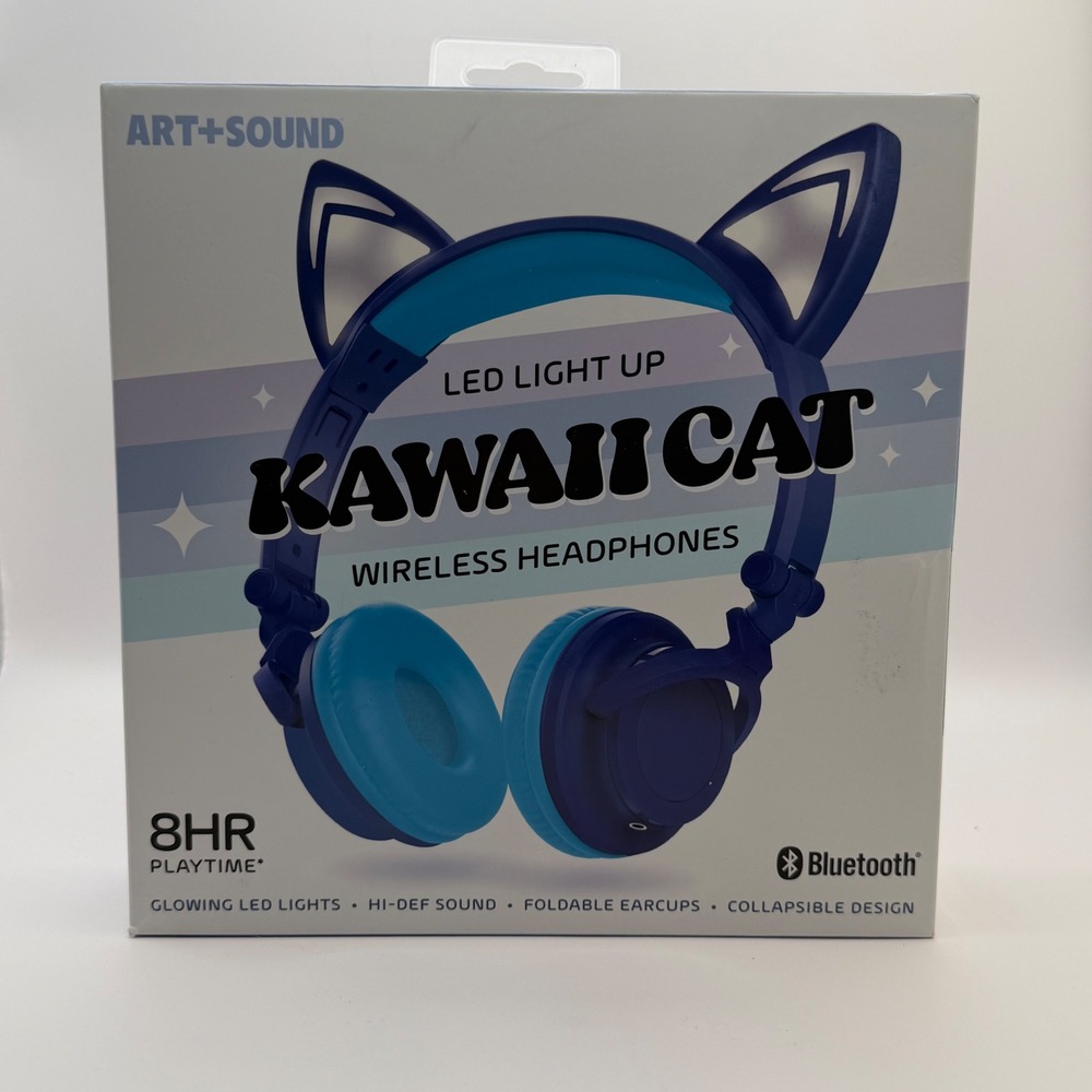 Art+Sound Kawaii Cat Wireless Headphones Blue LED Light Up Bluetooth Foldable